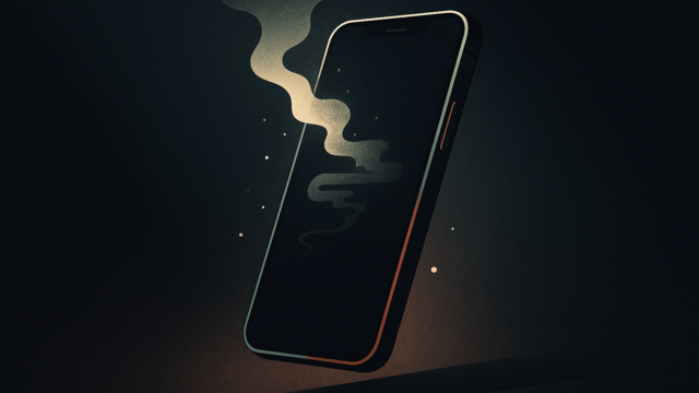 Abstract illustration of a tilted smartphone with smoky wisps rising from its dark screen against a gradient background. - featured-5