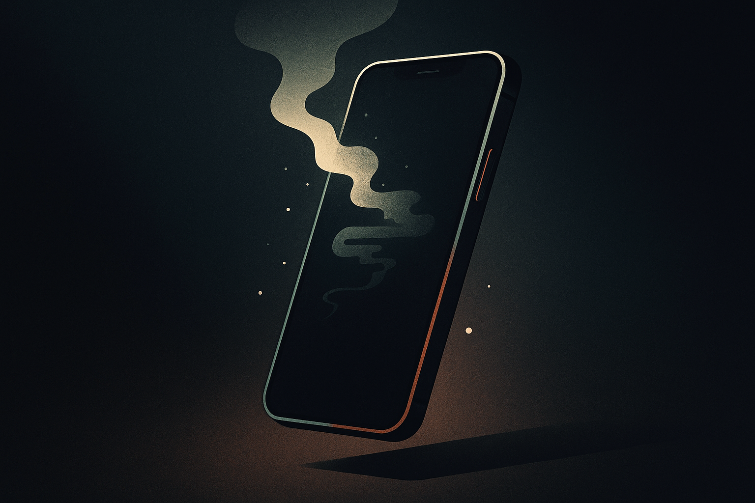 Abstract illustration of a tilted smartphone with smoky wisps rising from its dark screen against a gradient background. - featured-5