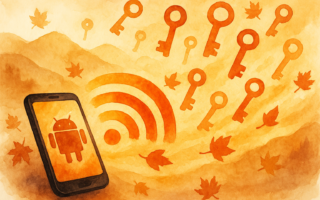 Orange watercolor illustration of an Android phone with a signal icon, surrounded by floating keys and autumn leaves.