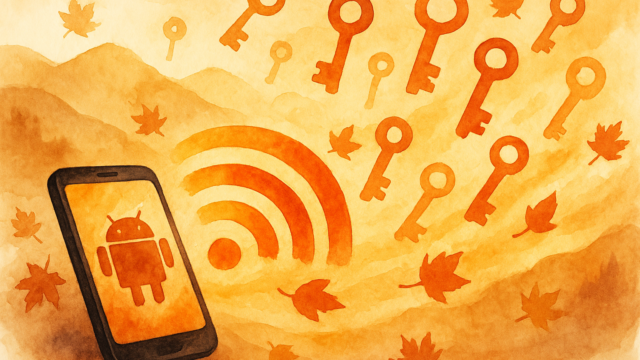 Orange watercolor illustration of an Android phone with a signal icon, surrounded by floating keys and autumn leaves. - featured-6