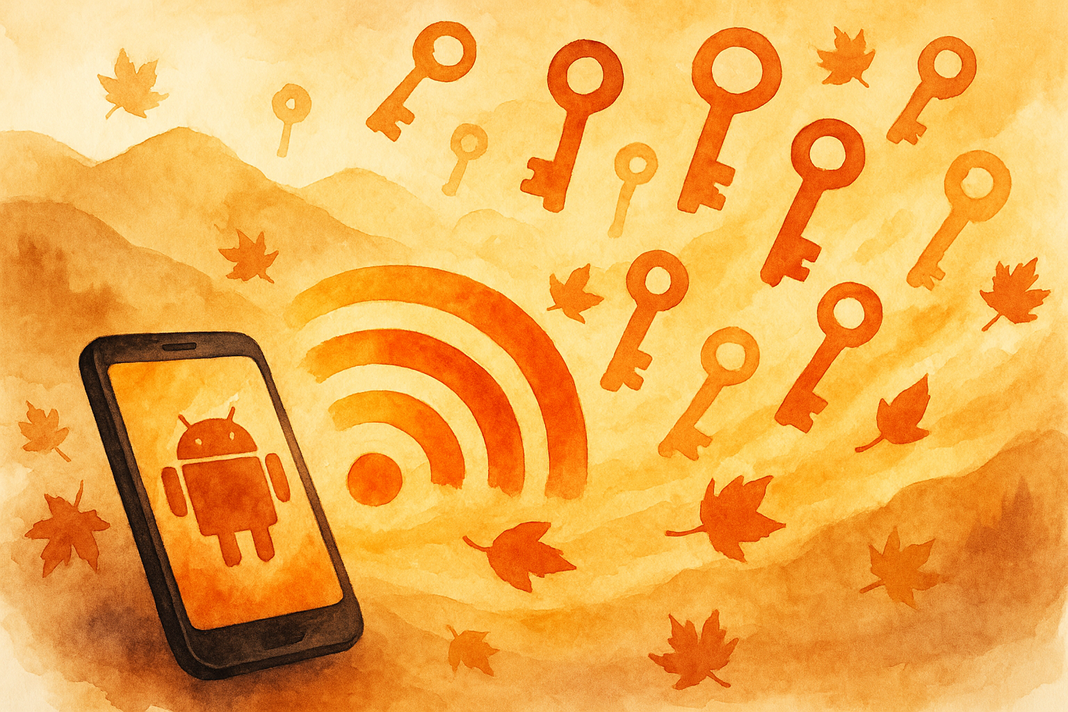 Orange watercolor illustration of an Android phone with a signal icon, surrounded by floating keys and autumn leaves. - featured-6