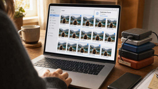 Laptop screen shows a photo management app with grid thumbnails of mountain photos; stacked external hard drives labeled "Backup - 2023" sit to the right on the desk. - find-and-remove-duplicate-files-featured