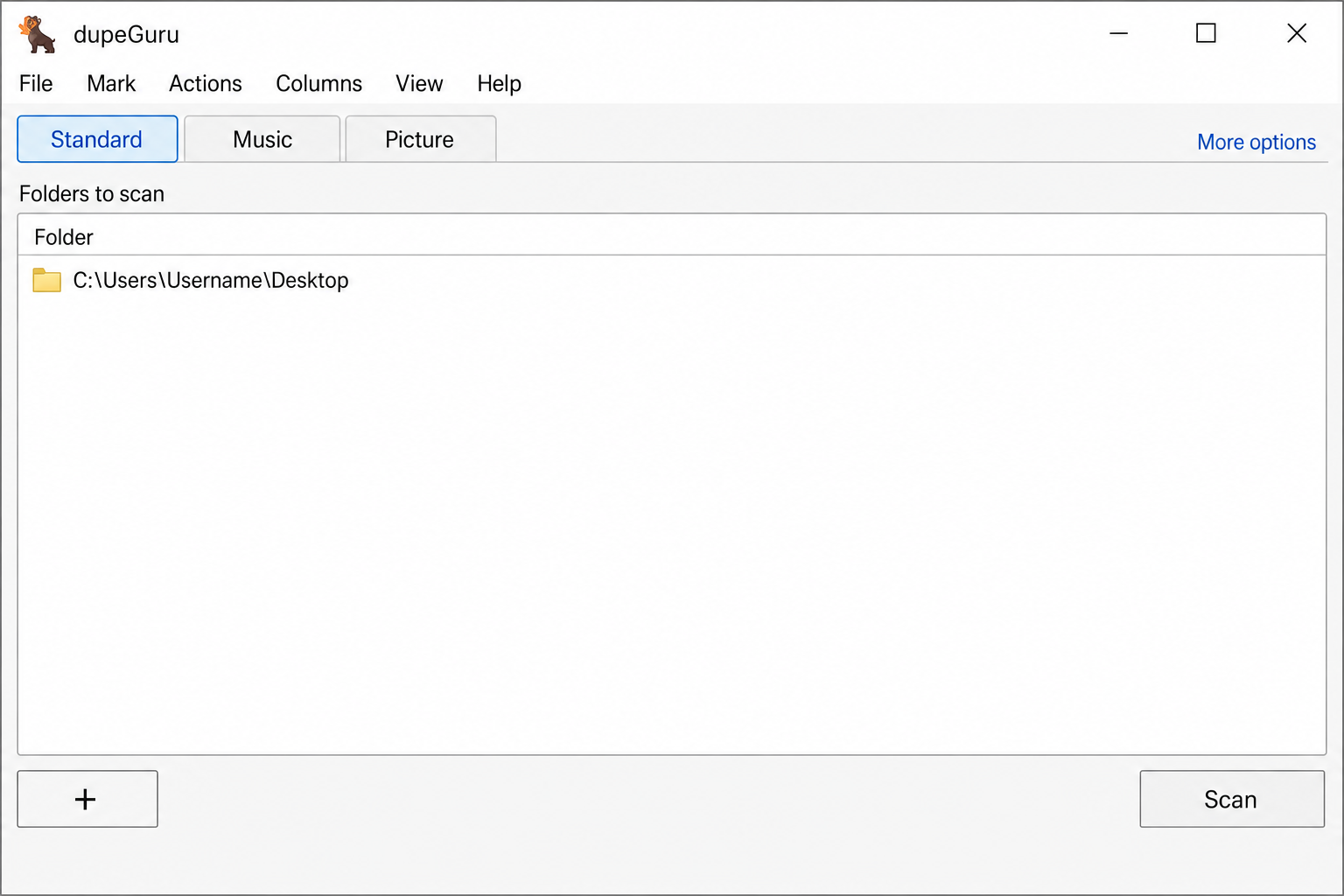 dupeGuru main window showing Standard mode selected with folder added to the scan list