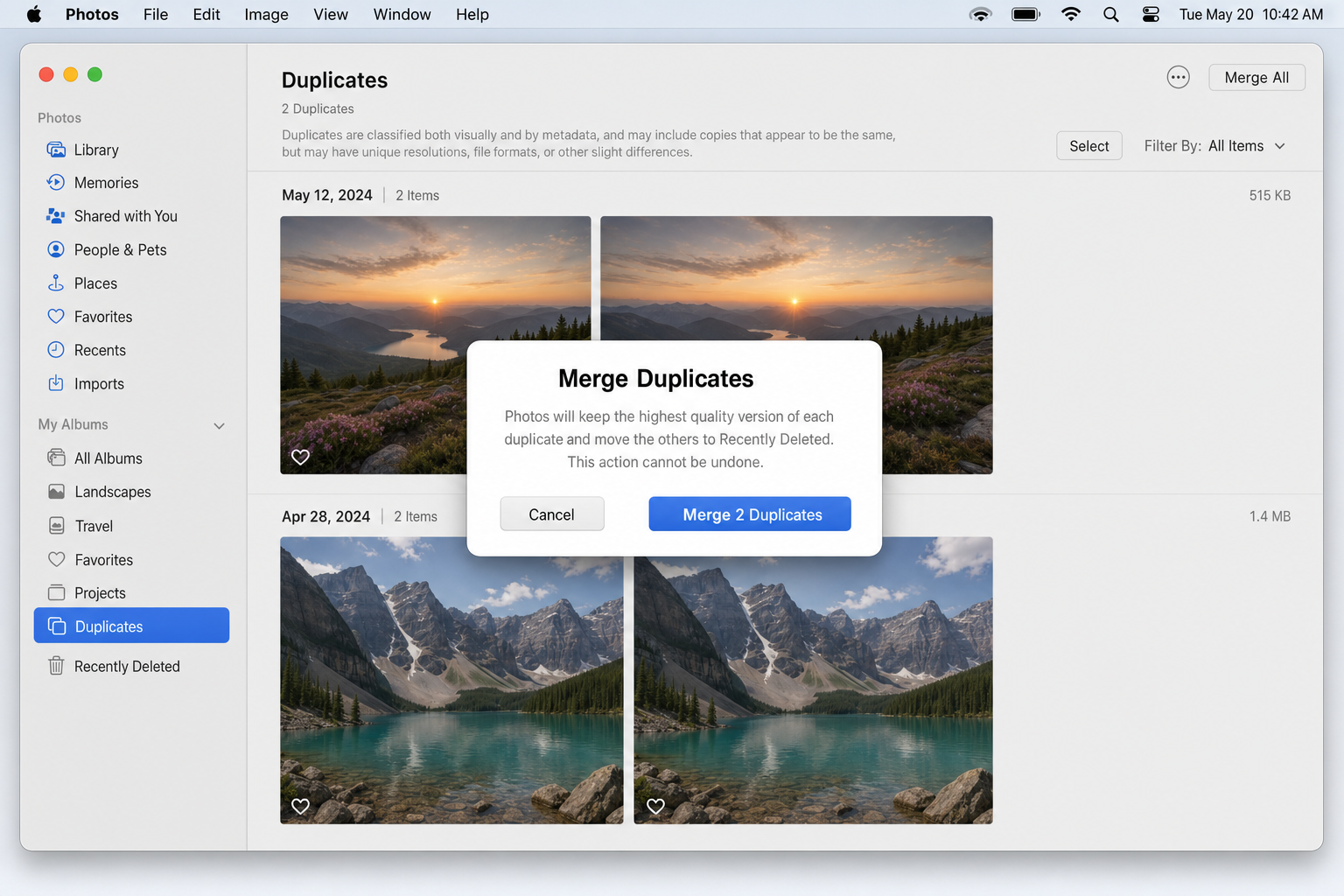 macOS Photos Duplicates album showing merge confirmation dialog with quality comparison between two duplicate images