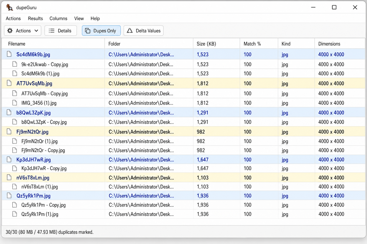 dupeGuru scan results showing grouped duplicate files with reference file highlighted