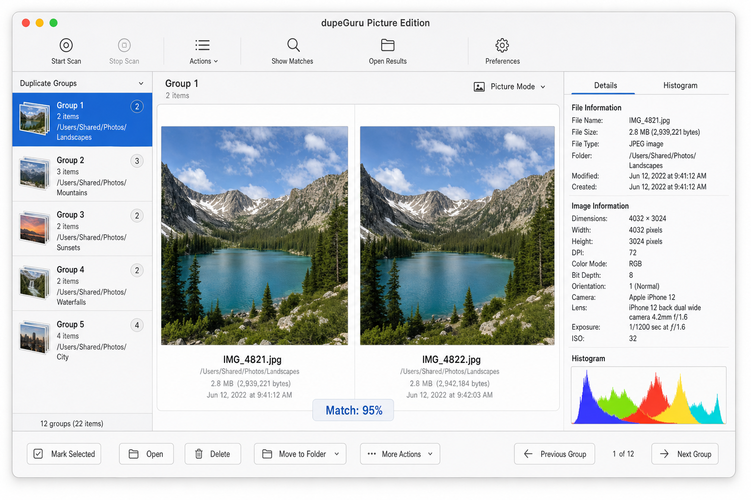 dupeGuru on macOS in Picture mode showing two similar photos side by side with match percentage