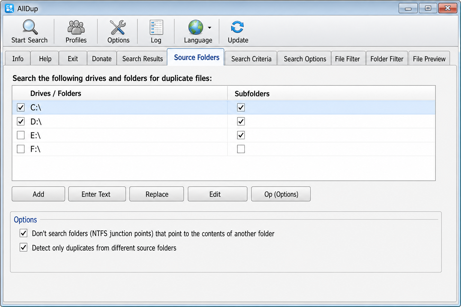 AllDup main window showing Source Folders panel with multiple drives added