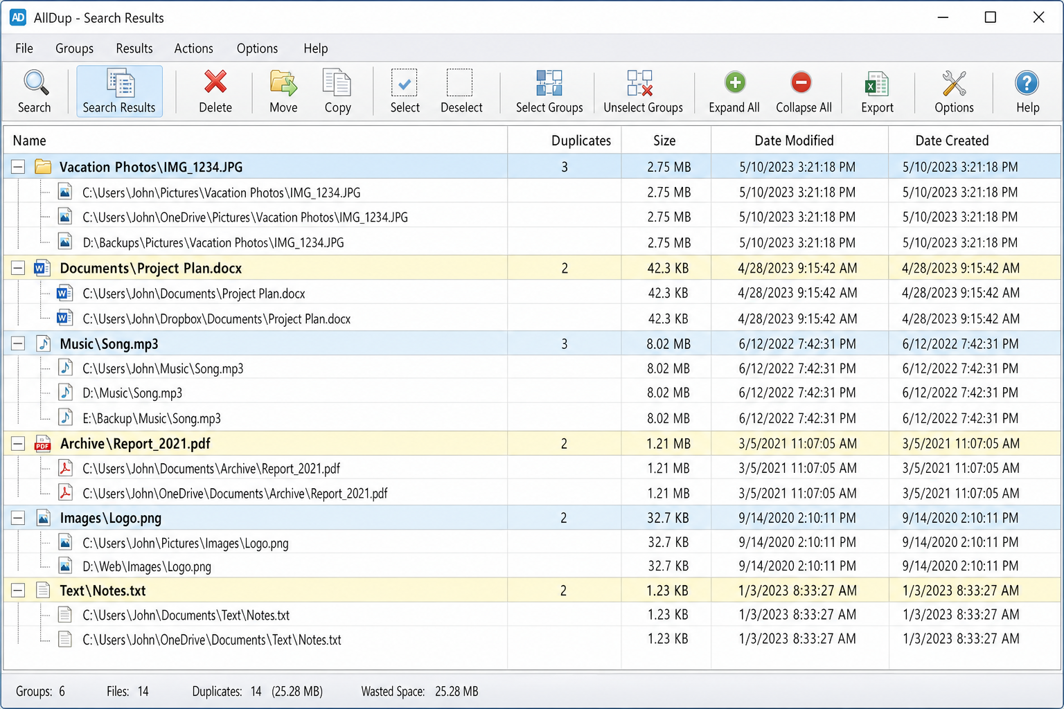 AllDup search results showing duplicate file groups with file path, size, and date columns visible