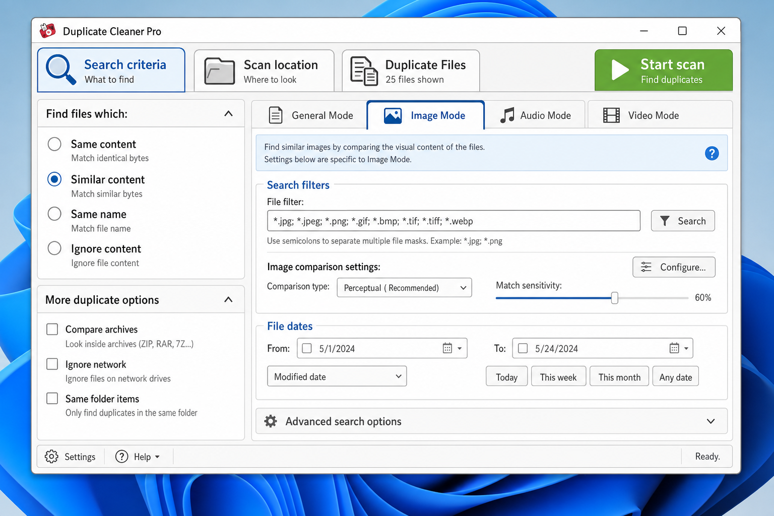 Duplicate Cleaner main window showing Search Criteria panel with Image Mode selected