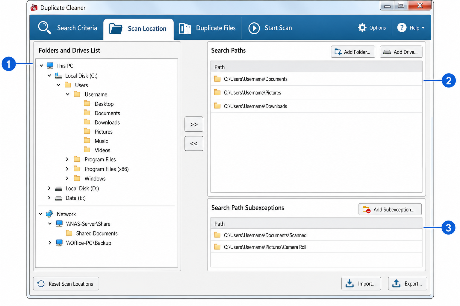 Duplicate Cleaner Scan Locations panel showing folders added to the Search Paths list