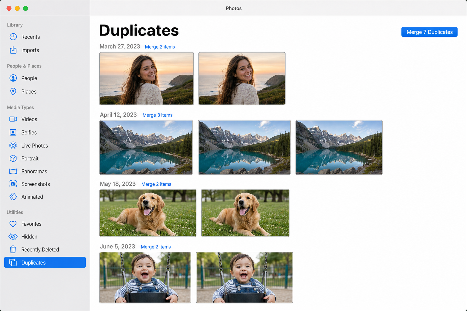 macOS Photos app sidebar showing Duplicates album with a group of duplicate photos and Merge button visible