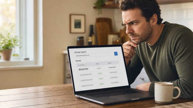 Man with a thoughtful expression looks at a laptop screen showing a domain search results table and a mug on the table nearby. - find-out-who-owns-a-website-featured