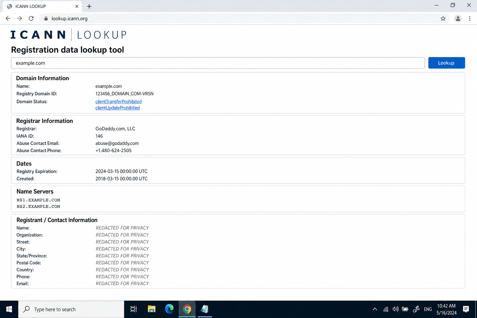 ICANN Lookup tool at lookup.icann.org showing a domain search result with registrar info, creation date, expiration date, nameservers, and redacted registrant fields