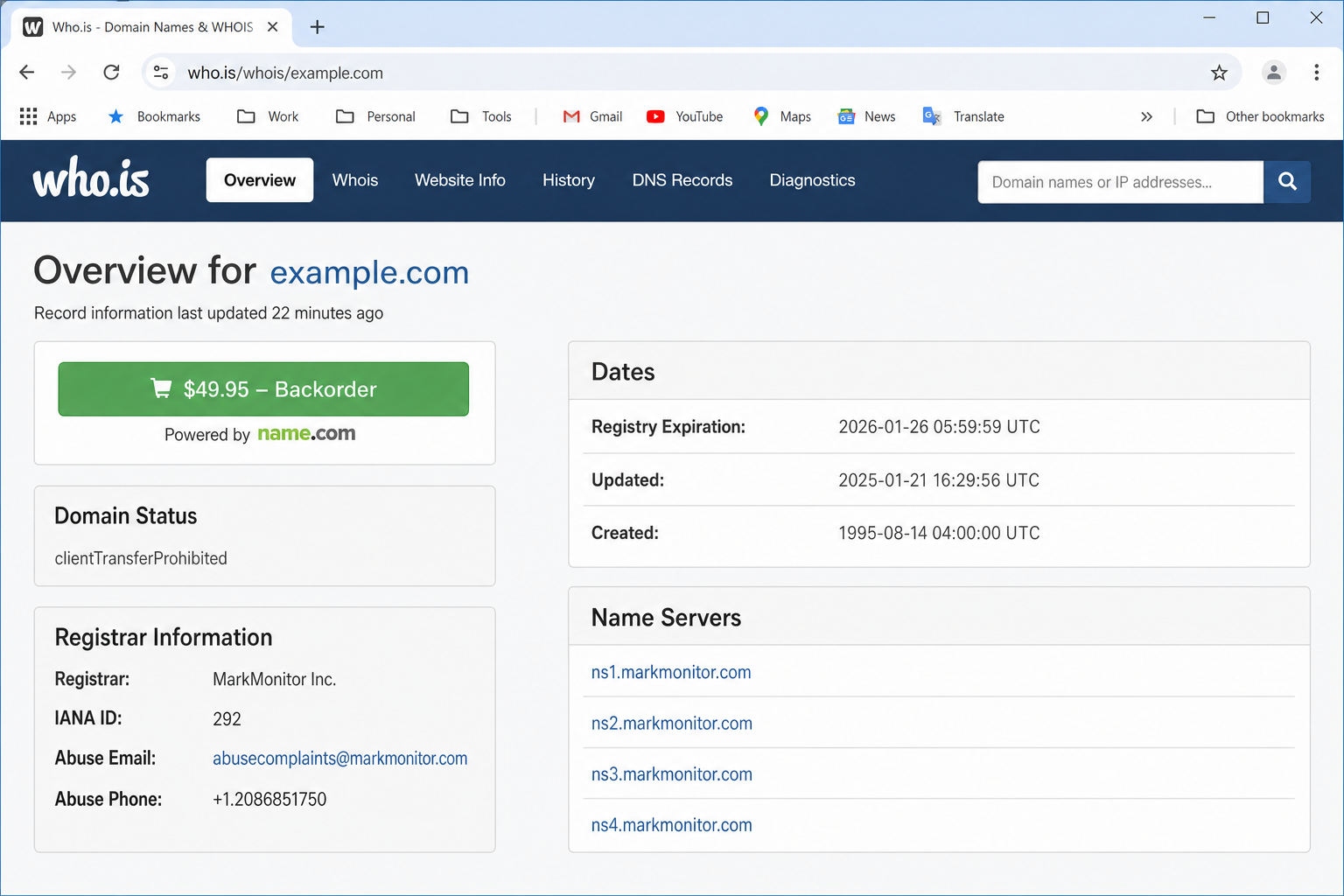 Who.is website showing a WHOIS lookup result for a sample domain with registrar details, dates, and DNS records visible
