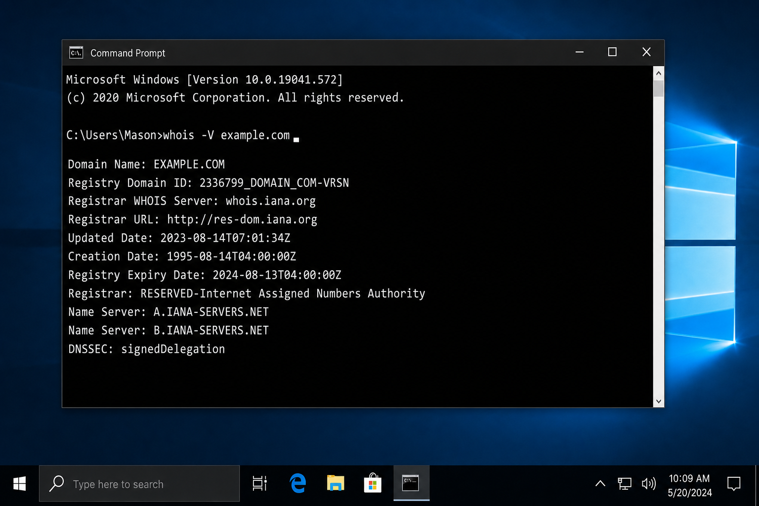 Windows Terminal showing the whois command being run for a sample domain with raw WHOIS output displayed