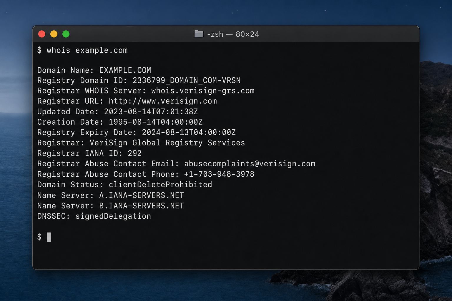 macOS Terminal showing the whois command output for a sample domain with registration details in raw text format