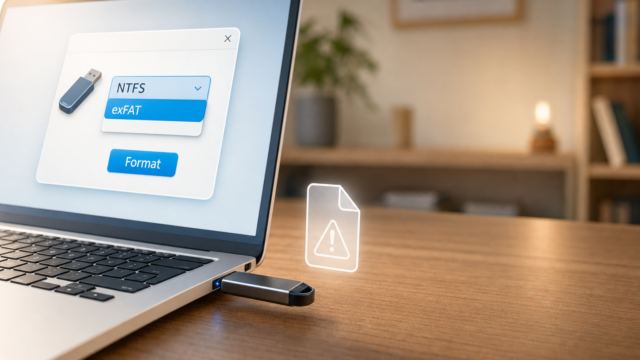 Laptop on a wooden desk with a USB drive connected; screen shows an NTFS/exFAT format dialog and a blue Format button. - format-usb-ntfs-featured