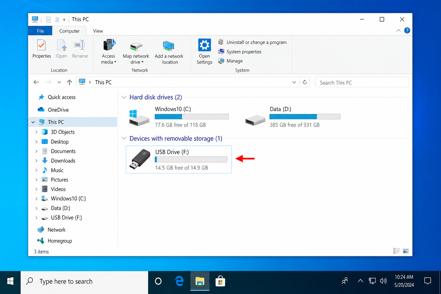 File Explorer showing This PC with a USB drive listed under Devices and drives