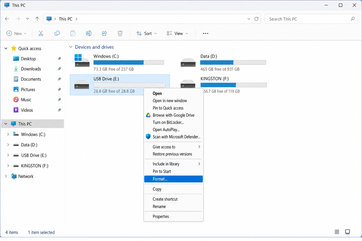 Right-click context menu on a USB drive in File Explorer with Format option highlighted