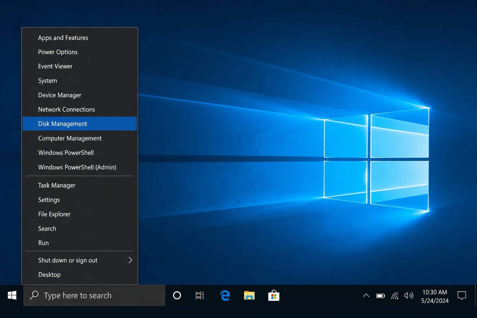 Windows Start button right-click menu with Disk Management highlighted