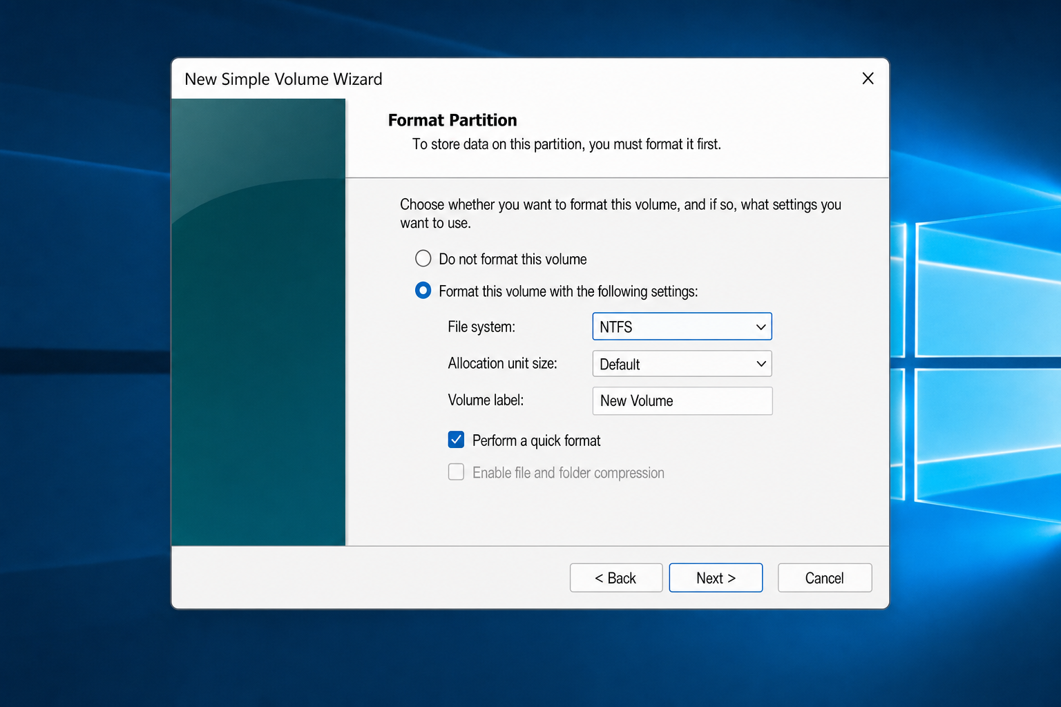 Disk Management New Simple Volume Wizard with NTFS selected in the file system dropdown