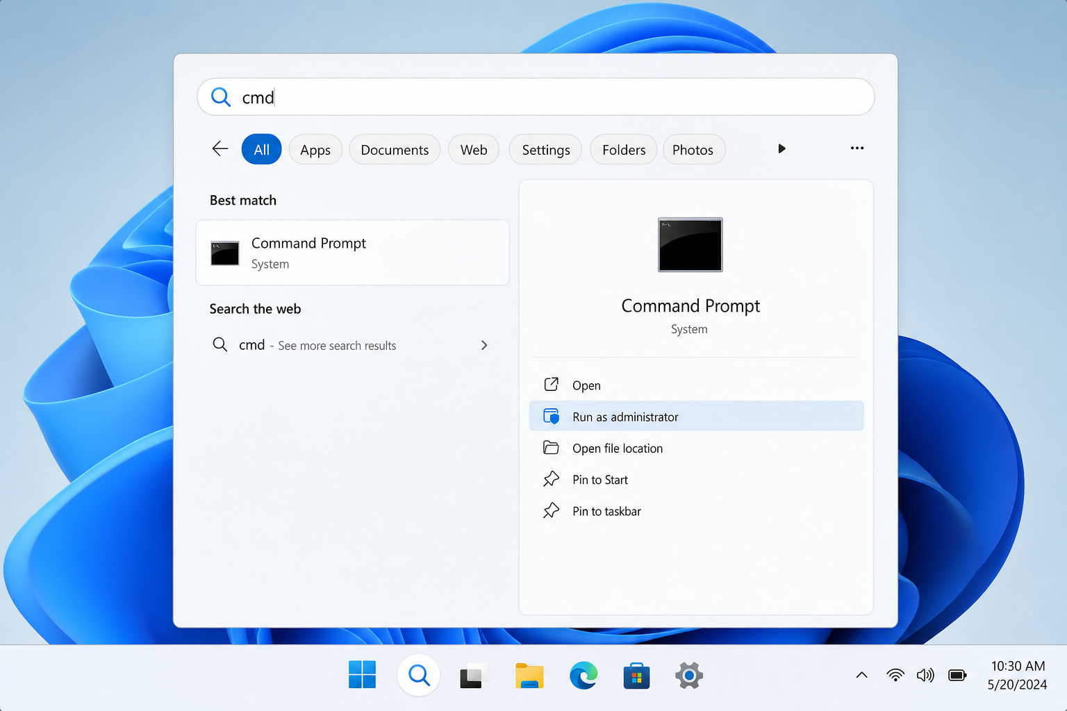 Windows search showing Command Prompt with Run as administrator option highlighted in the right panel