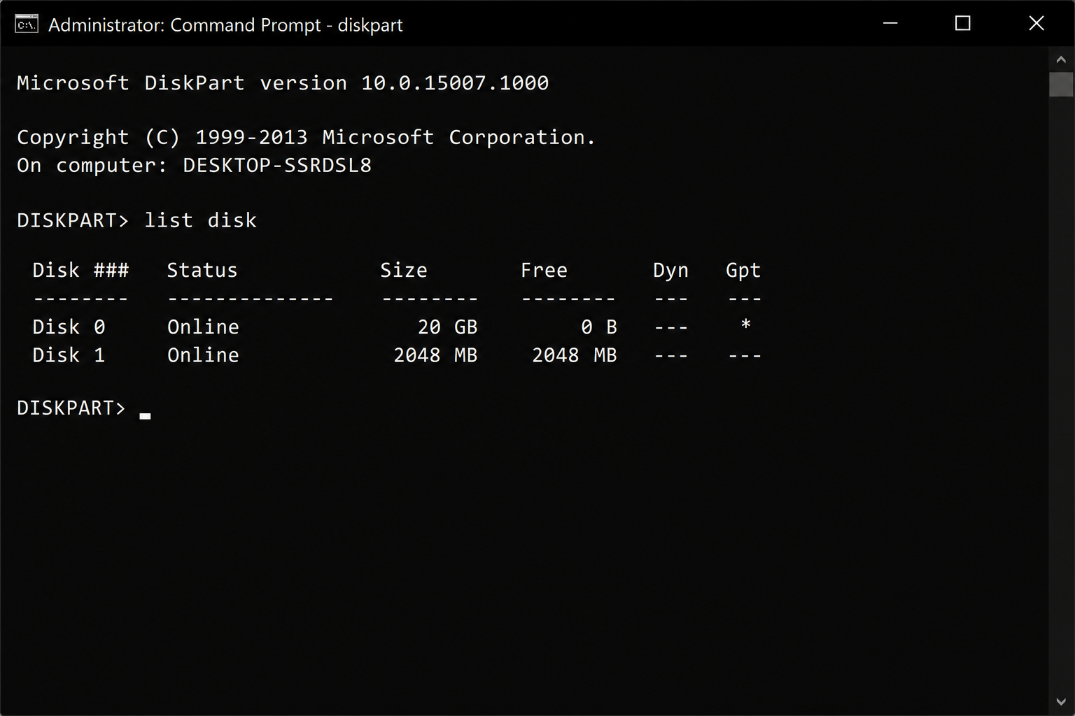 Command Prompt showing DiskPart list disk output with multiple disks listed including a small removable disk
