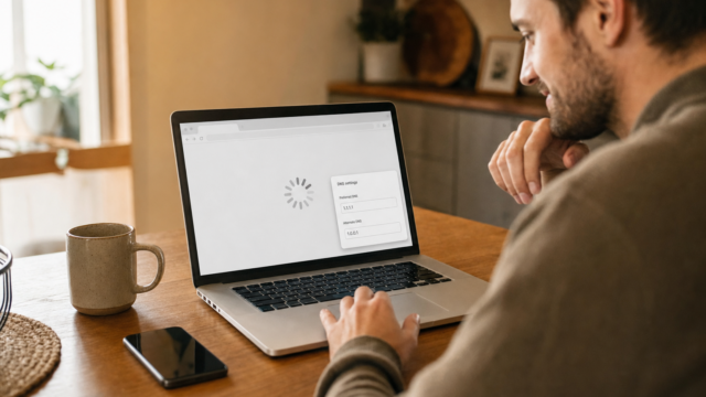 Man sits at a wooden table using a laptop; screen shows a loading spinner and a DNS settings dialog. - free-dns-server-featured
