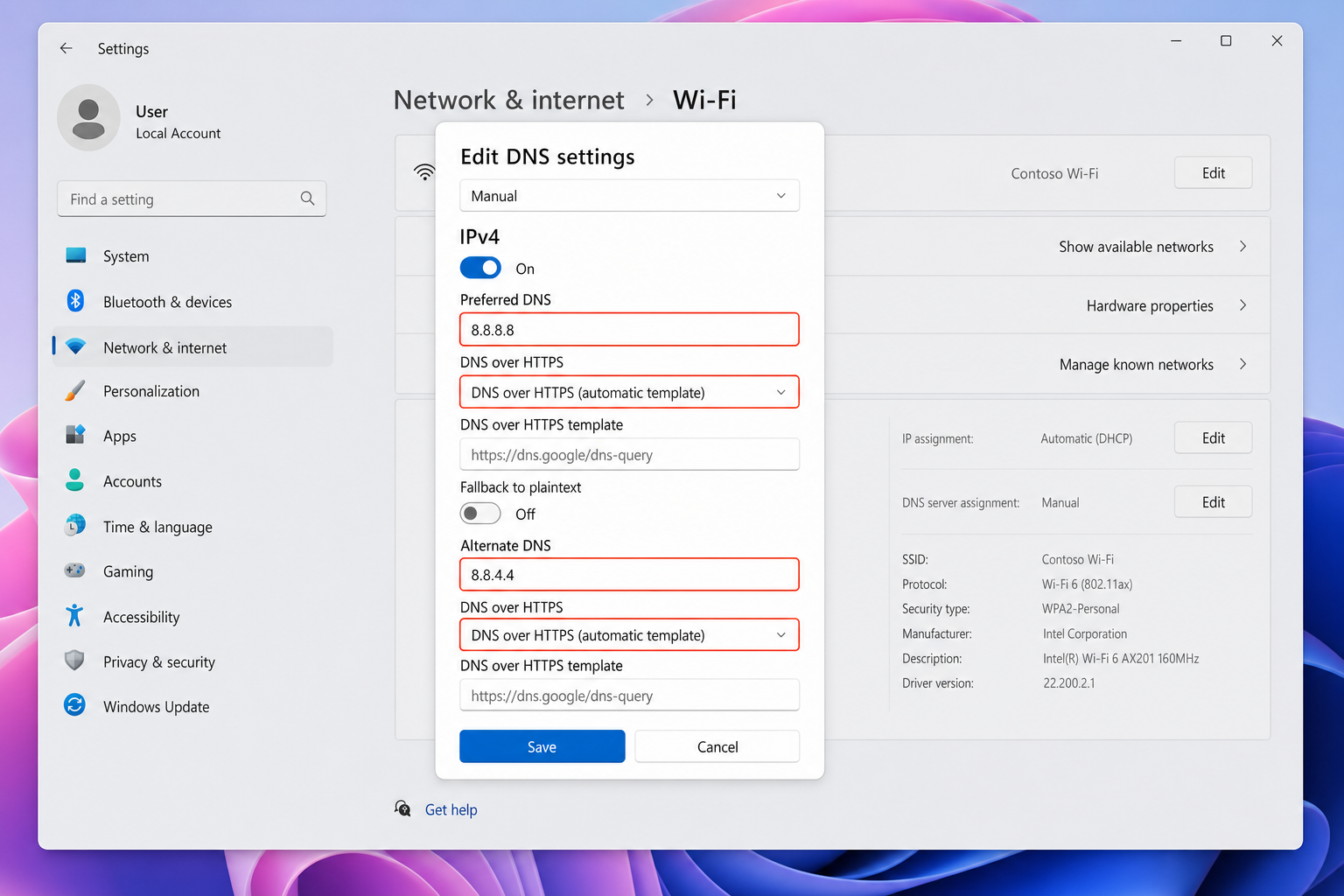 Windows 11 Edit DNS settings dialog with Manual selected, IPv4 toggled on, and DNS over HTTPS dropdown visible