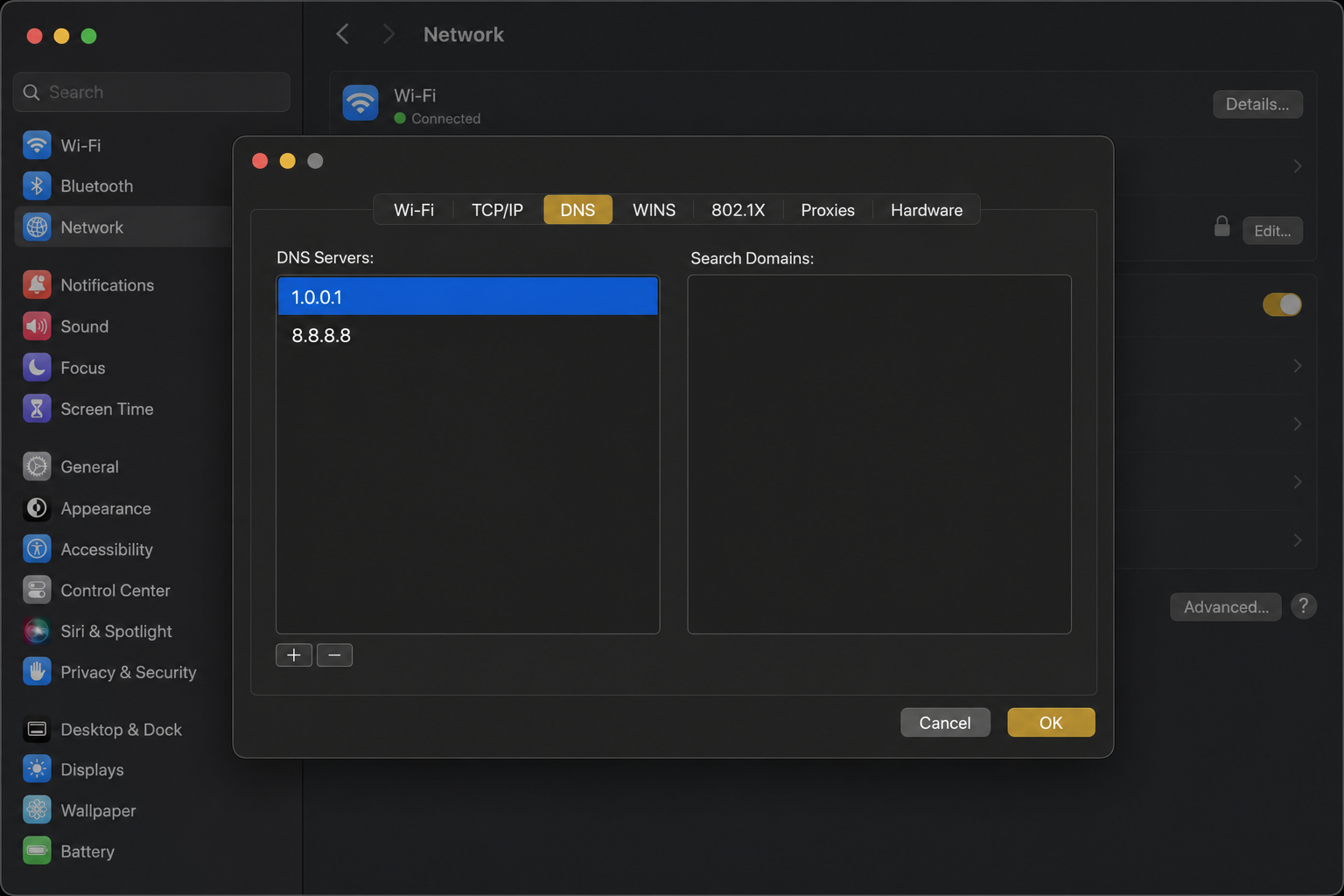 macOS System Settings > Network > Wi-Fi Details window open on the DNS tab, showing DNS server address fields with a + button