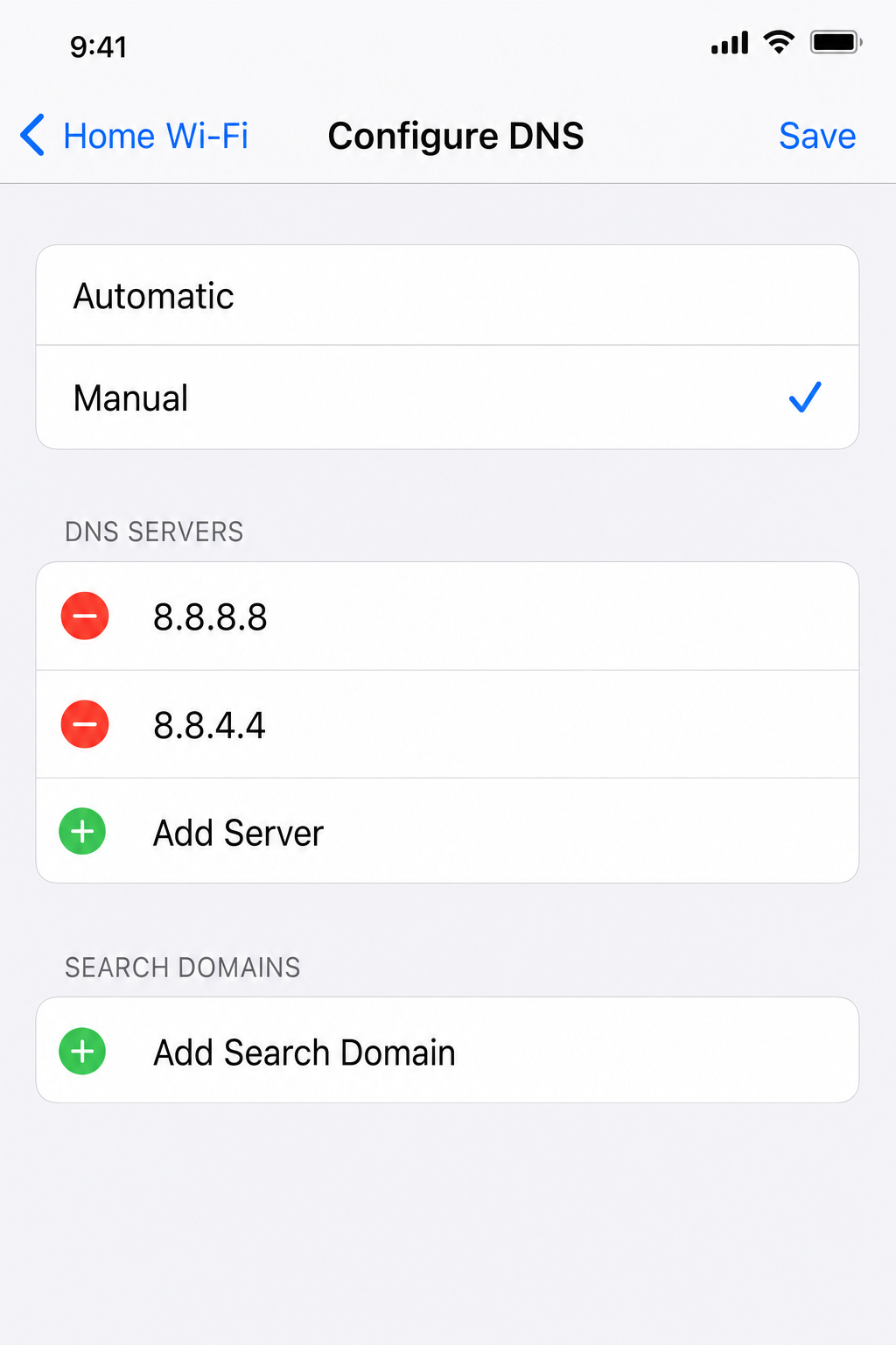 iPhone Settings > Wi-Fi > network info screen showing Configure DNS option, then the Manual DNS screen with Add Server button