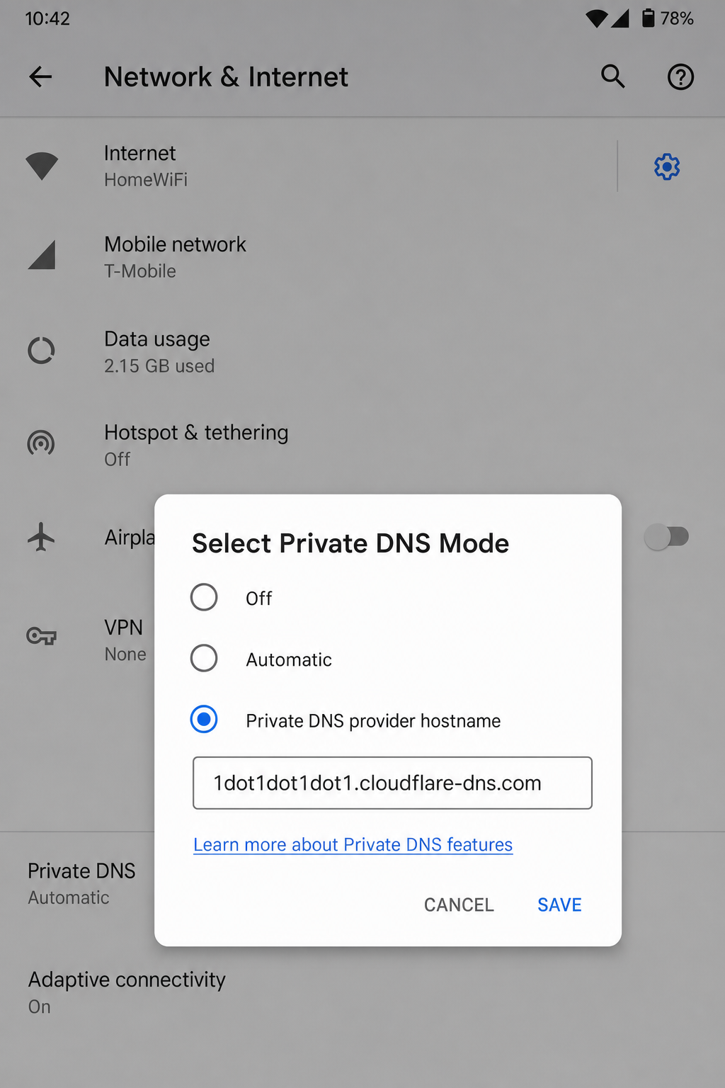 Android Settings > Network & internet > Private DNS screen with "Private DNS provider hostname" selected and a hostname entered in the text field
