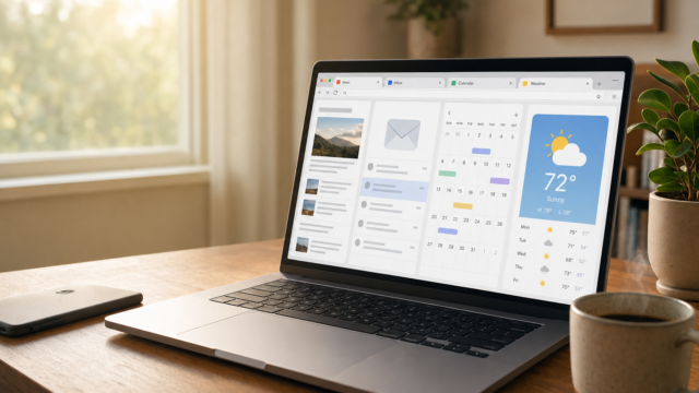 Open laptop on a wooden desk showing a multi-panel dashboard (photos, mail, calendar) with a weather widget reading 72°F sunny, beside a coffee mug and plant to the right. - multiple-home-pages-featured