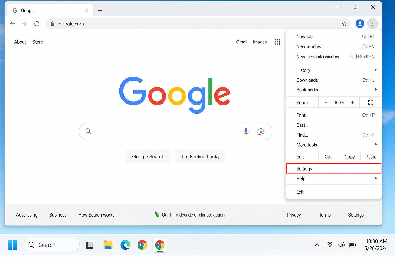 Chrome three-dot menu open with Settings option highlighted