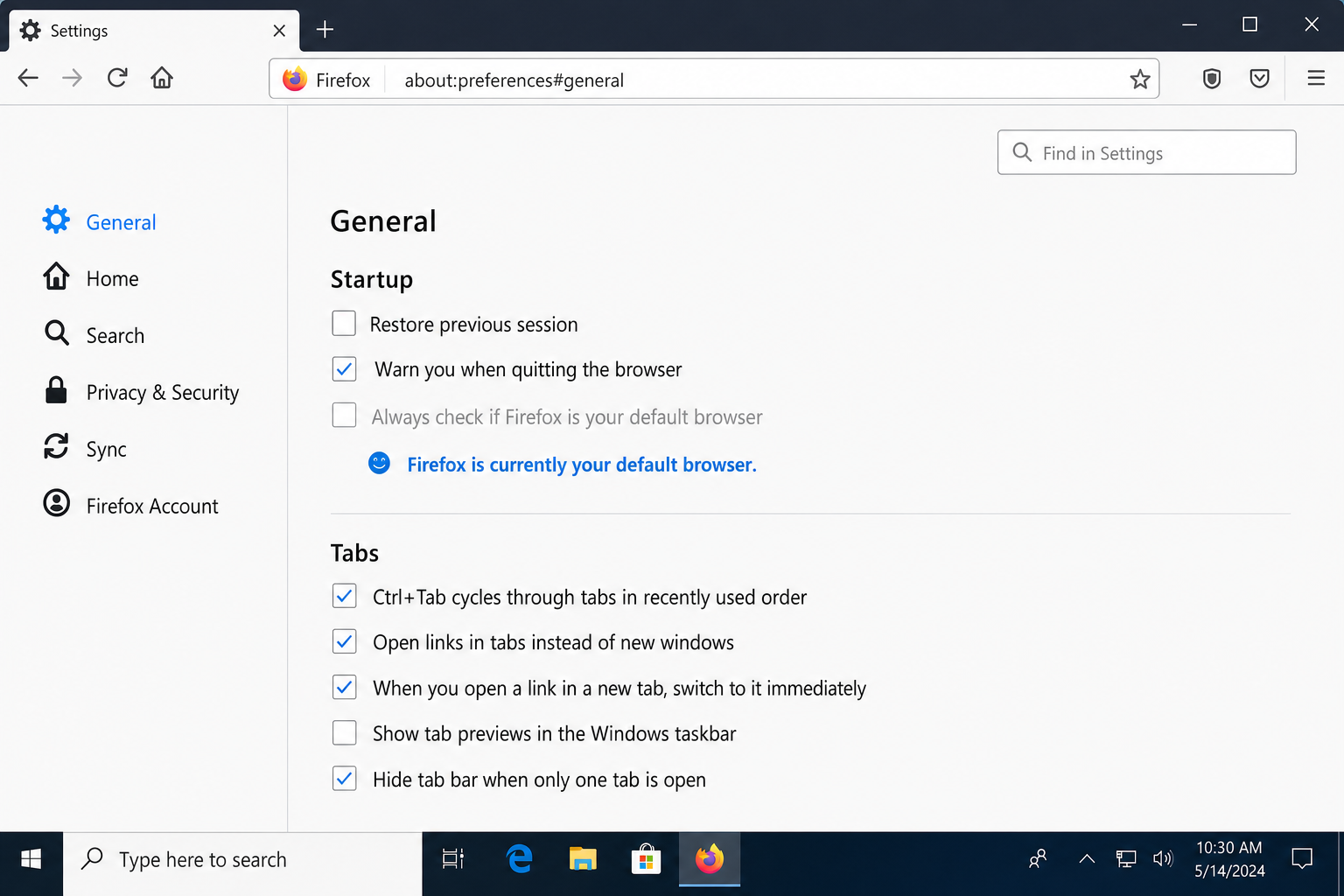Firefox Settings > General > Startup section with Restore previous session checkbox unchecked