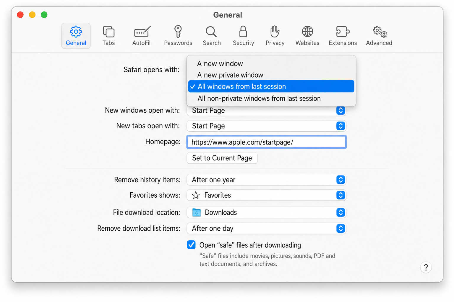 Safari Settings > General tab with "Safari opens with" dropdown set to "All windows from last session"