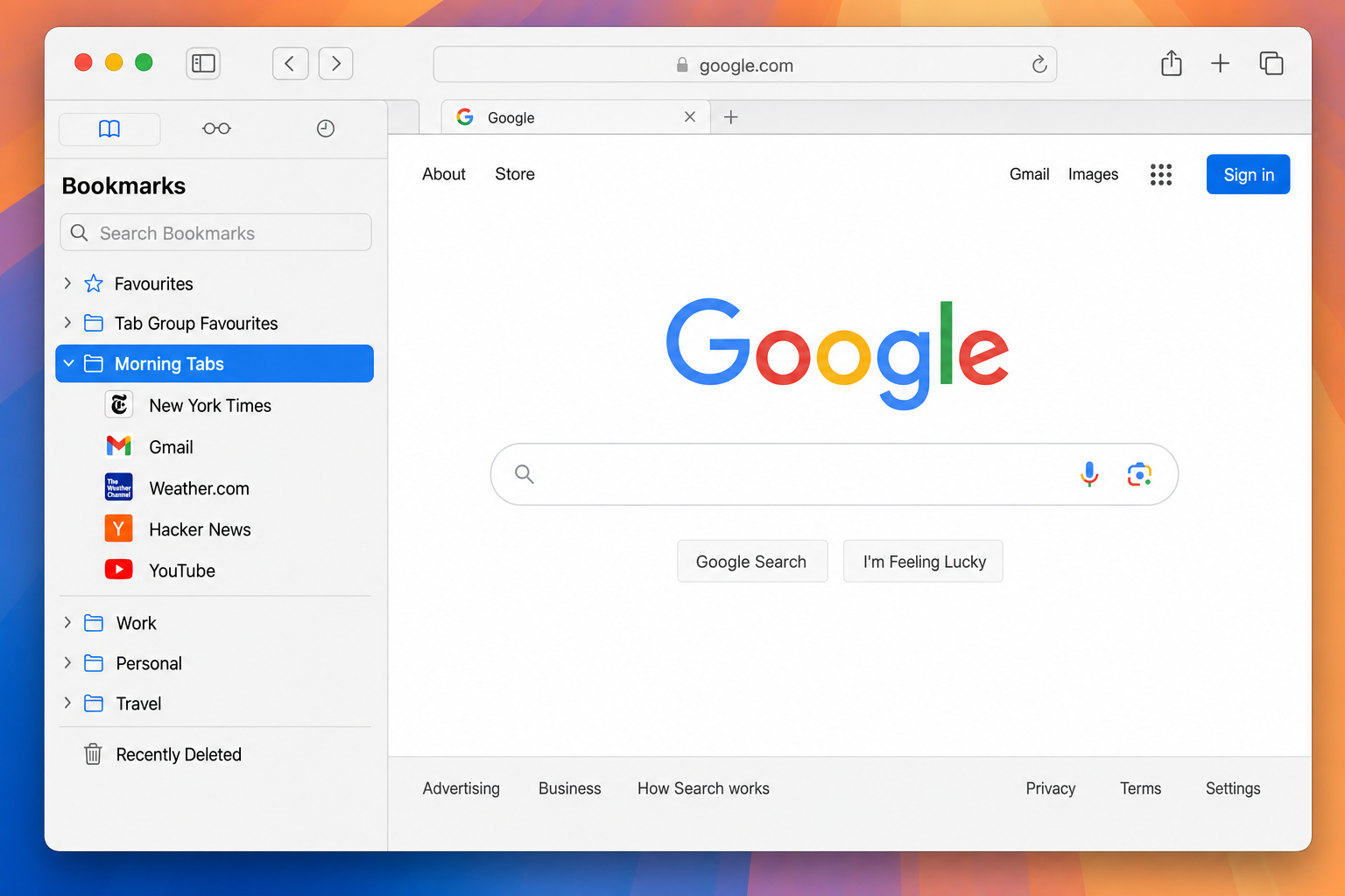 Safari bookmarks sidebar showing a custom folder called "Morning Tabs" with several bookmarked sites inside