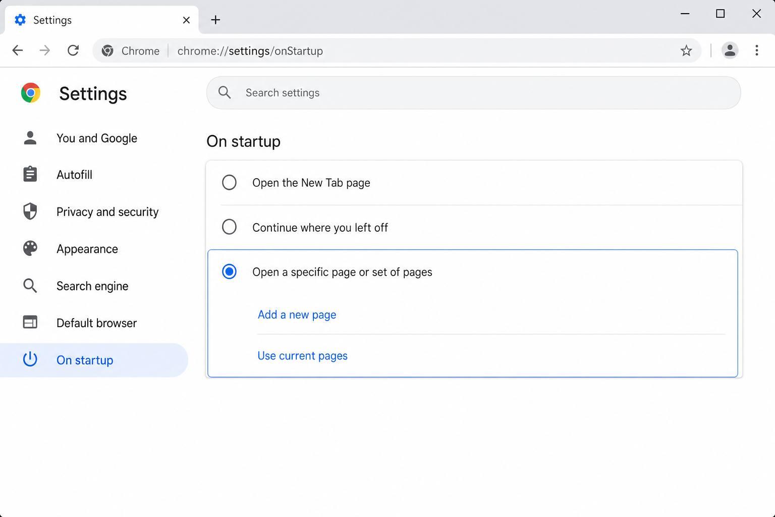 Chrome Settings > On startup section with "Open a specific page or set of pages" option selected