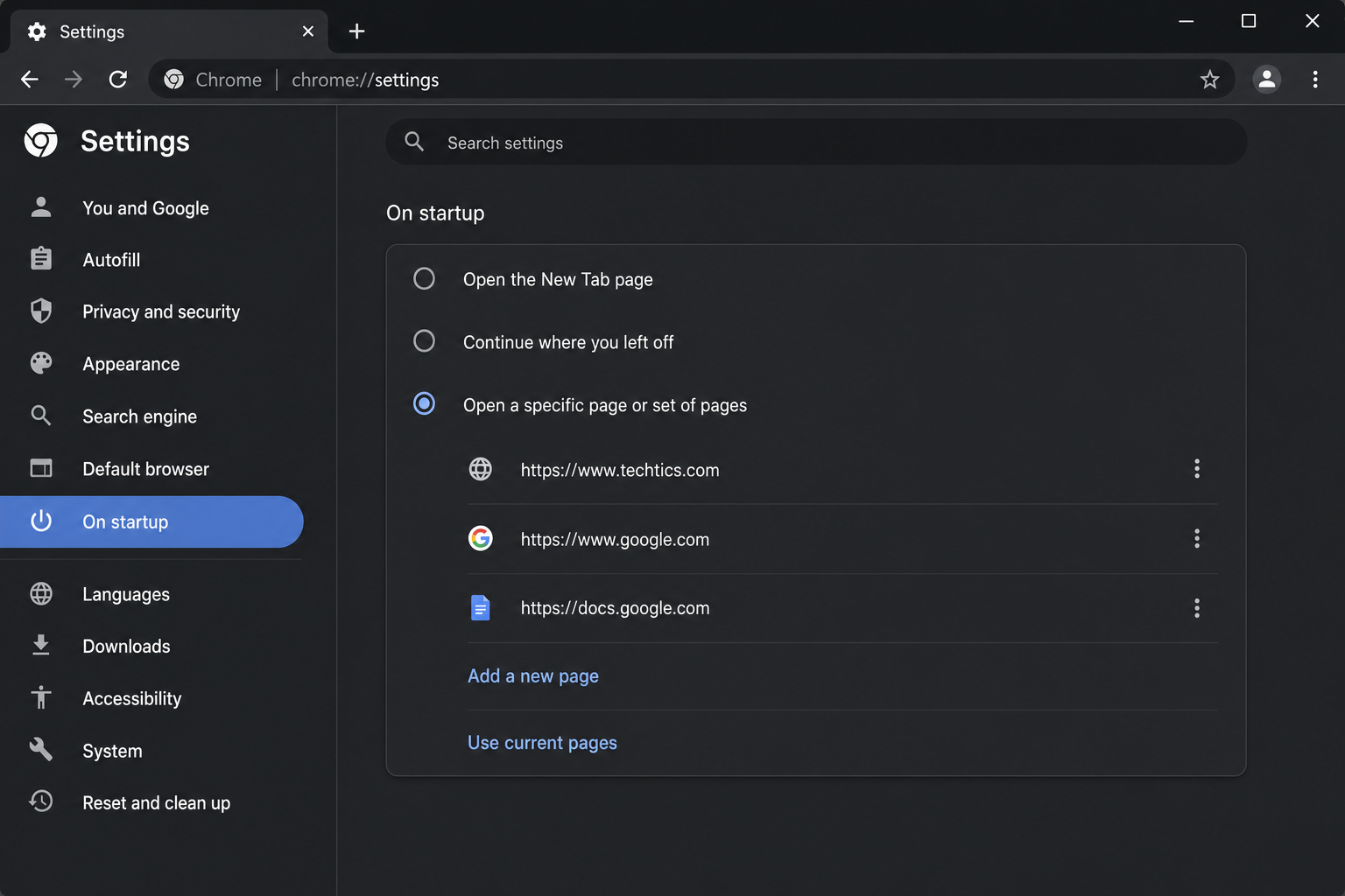 Chrome On startup settings showing multiple URLs added as startup pages with "Add a new page" button visible
