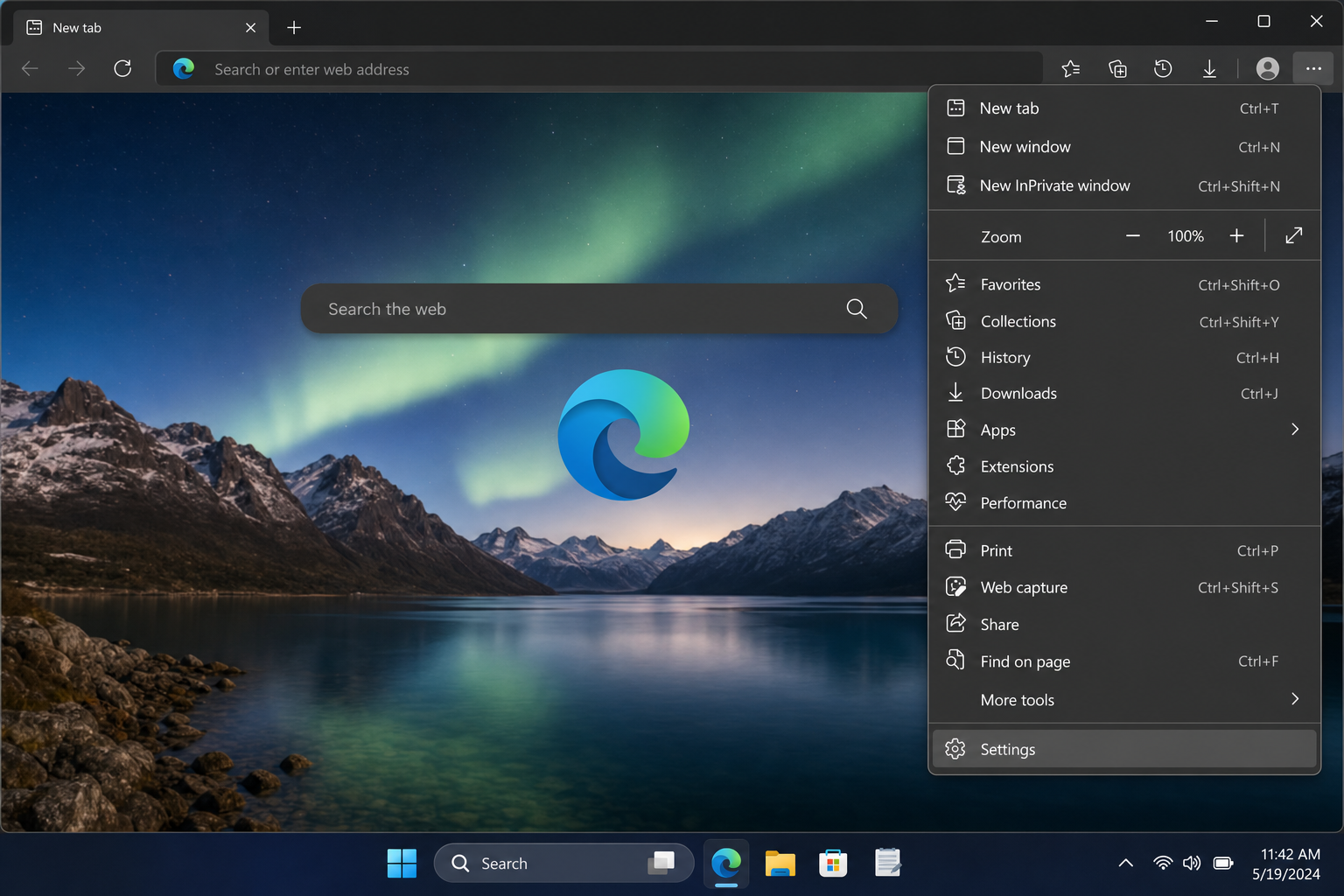 Microsoft Edge three-dot menu open with Settings option highlighted