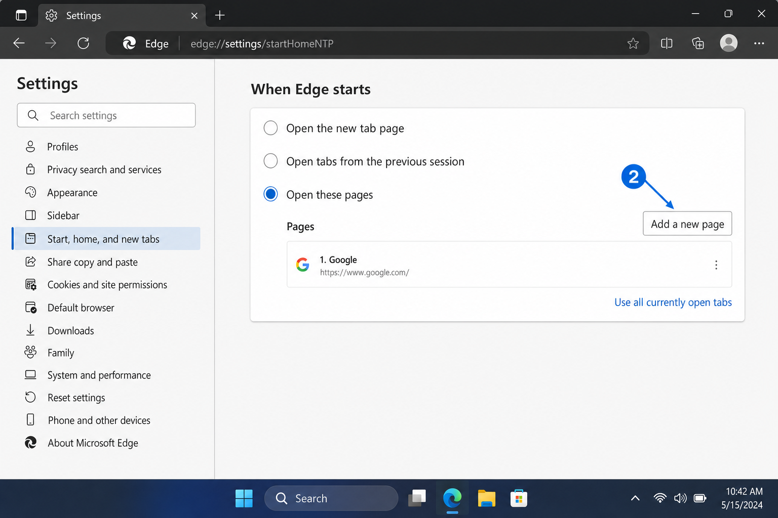 Edge Settings > Start, home, and new tabs with "Open these pages" option selected under When Edge starts