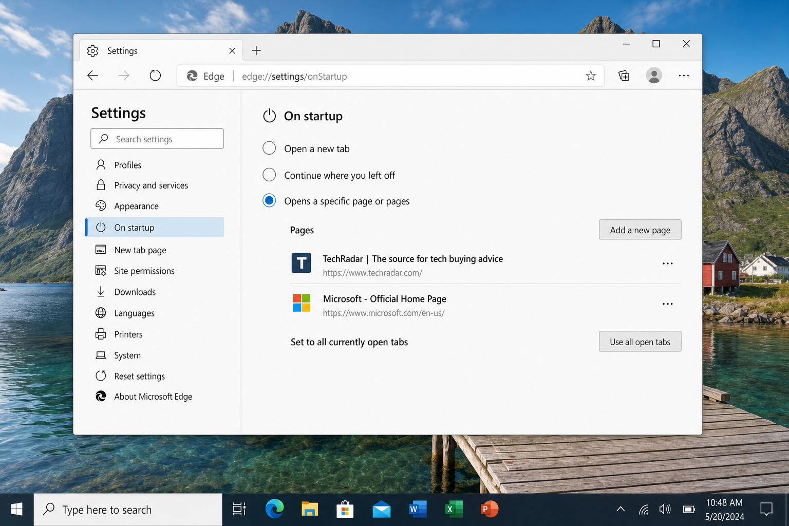 Edge startup pages list showing multiple URLs added, with Add a new page button visible
