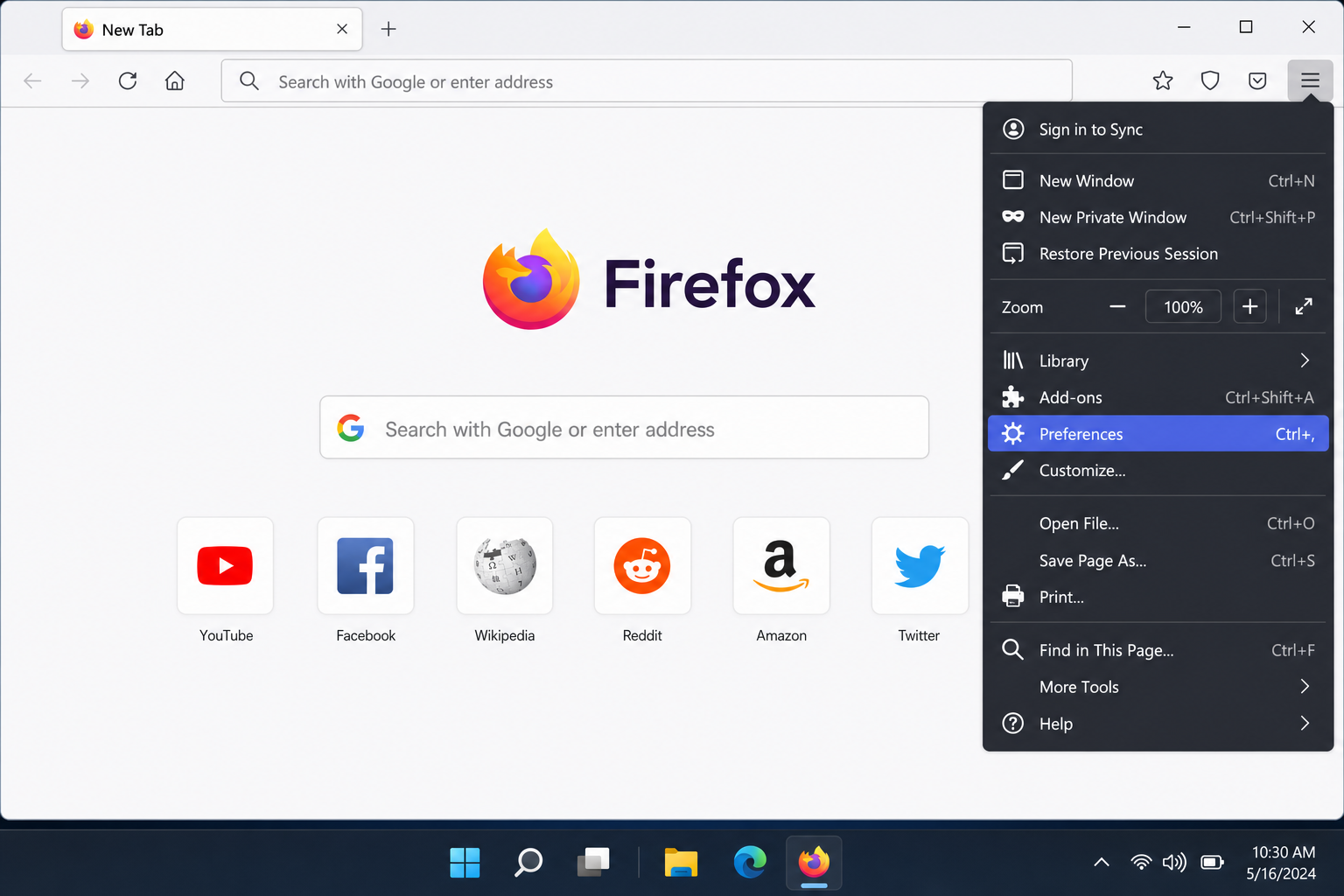 Firefox three-line menu open with Settings option highlighted