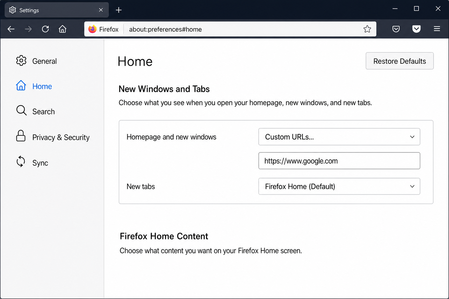 Firefox Settings > Home section with "Homepage and new windows" dropdown set to Custom URLs