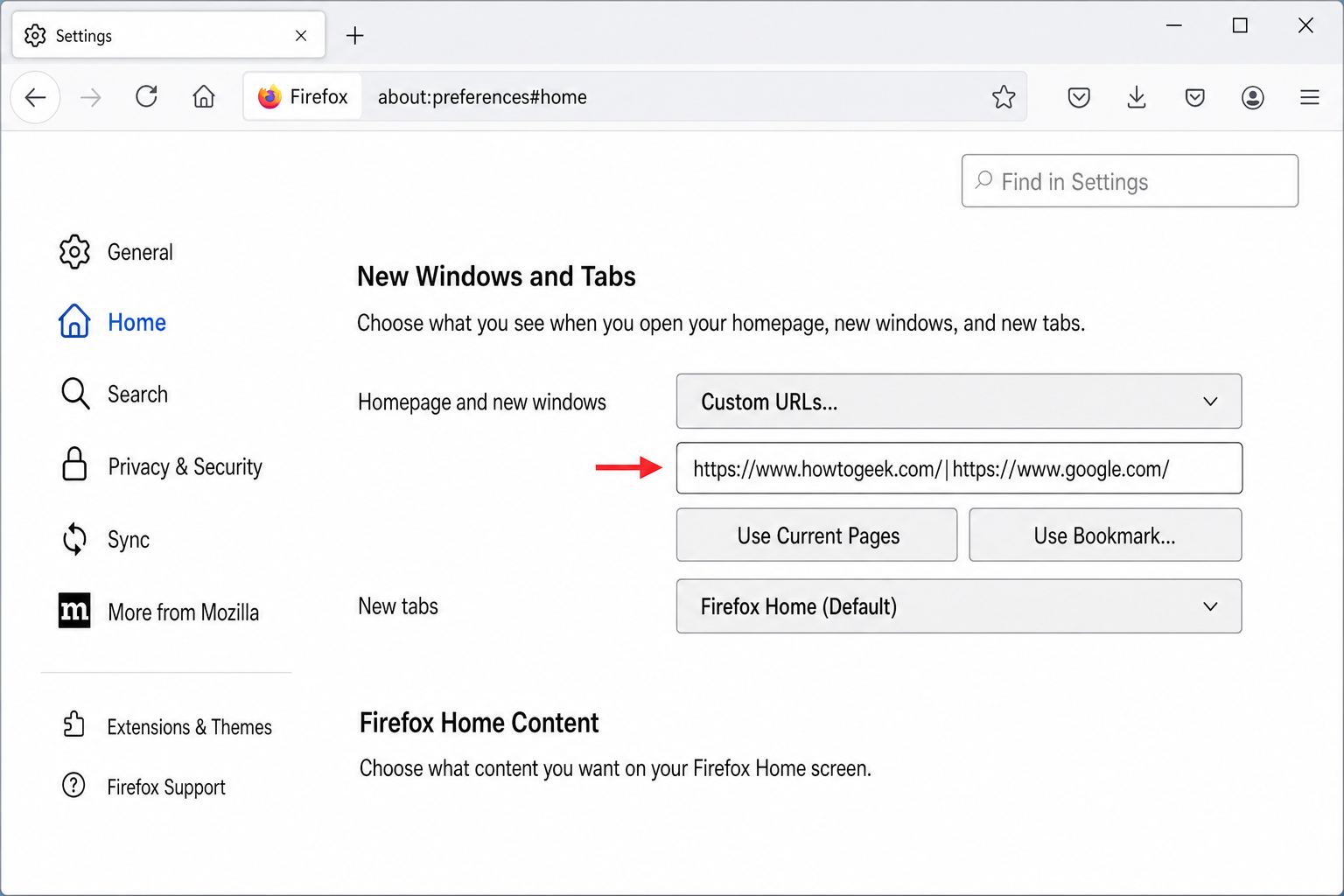 Firefox Home settings showing custom URLs field with multiple URLs separated by pipe characters and Use Current Pages button