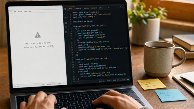 Laptop screen split: error message about a file being too large on the left, and a code editor on the right; hands typing at a wooden desk with a mug nearby. - notepad-replacement-featured