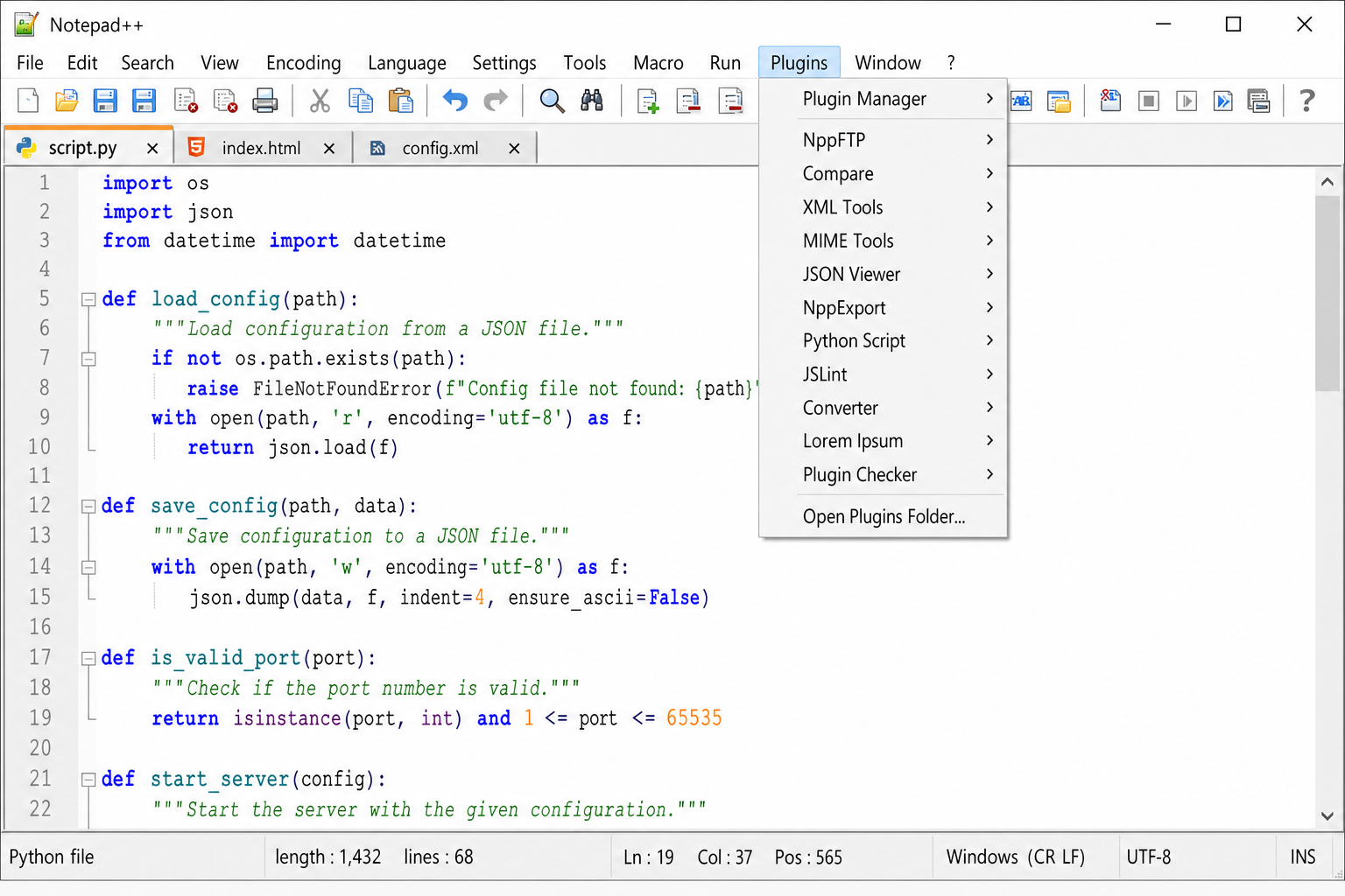 Notepad++ main window showing a code file with syntax highlighting, tabs open at the top, and the plugin menu visible