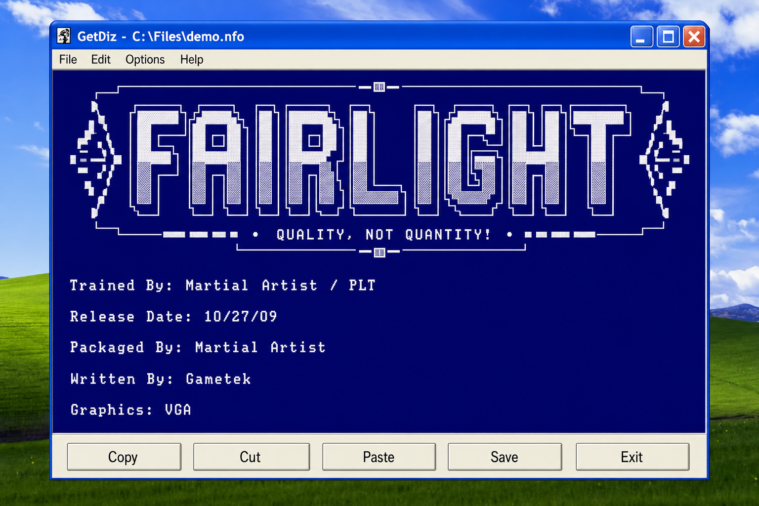 GetDiz main window showing a NFO file displayed with correct ASCII art rendering, the dark background with white text, and the toolbar at the top