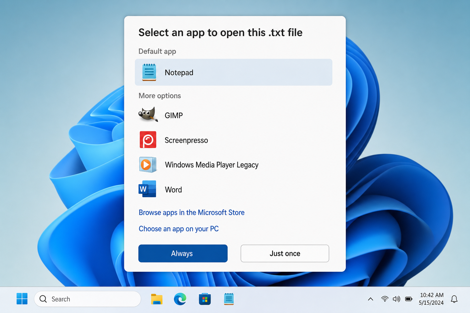 Windows 11 "Open with" dialog showing a list of apps to open a .txt file, with the "Always use this app" checkbox visible at the bottom