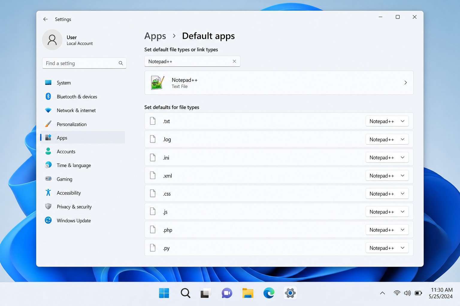 Windows 11 Settings > Apps > Default apps page showing the search box with "Notepad++" typed in and the app result selected, with file type associations listed below